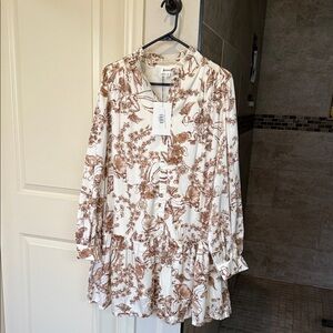 Floral Long Sleeve Dress - Brown and White